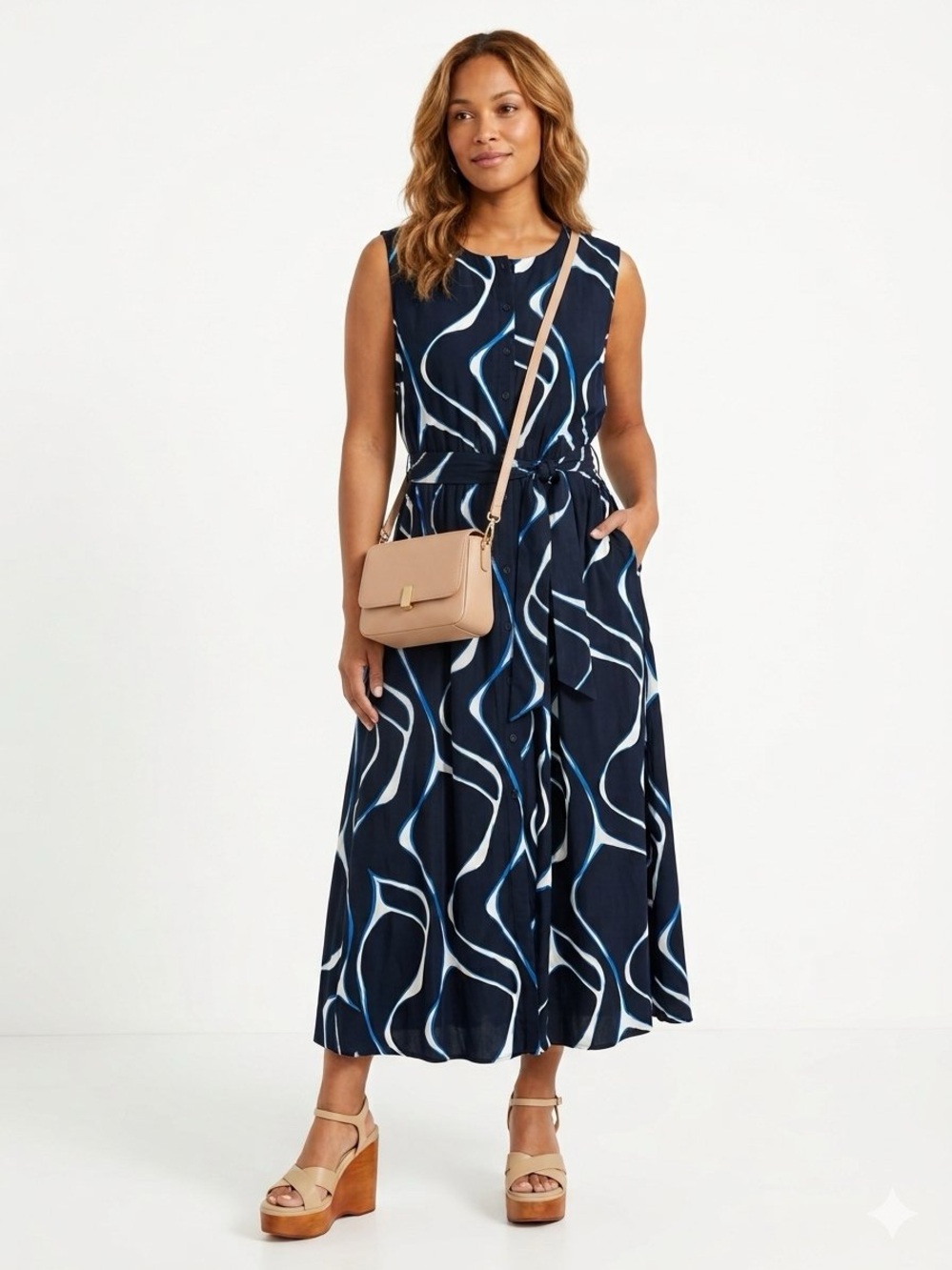 Sleeveless Navy Blue Dress with Blue & White Abstract Print • Size 3X • NWT